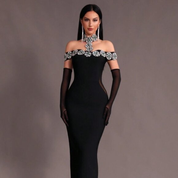 Women’s High Neck Embellished Bodycon Dress XS-XL - Picture 5 of 5